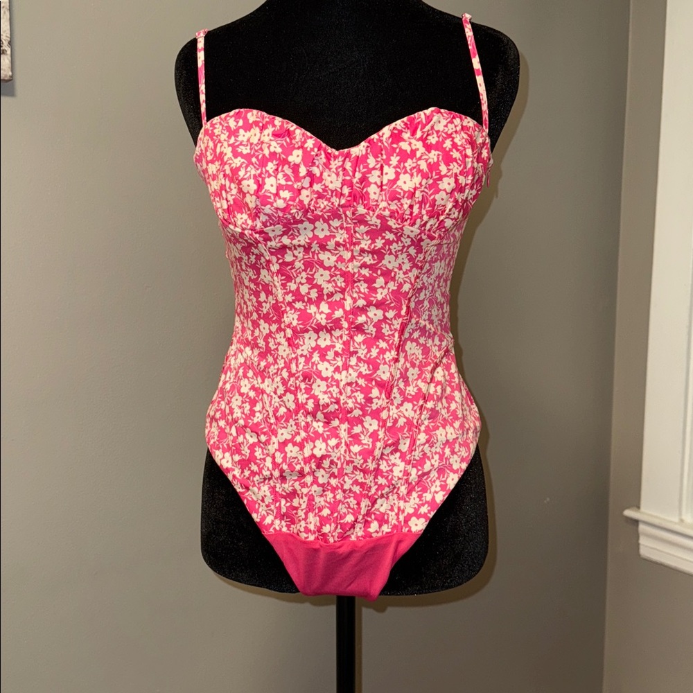 Pink Floral Corset Style Bodysuit Tank Top